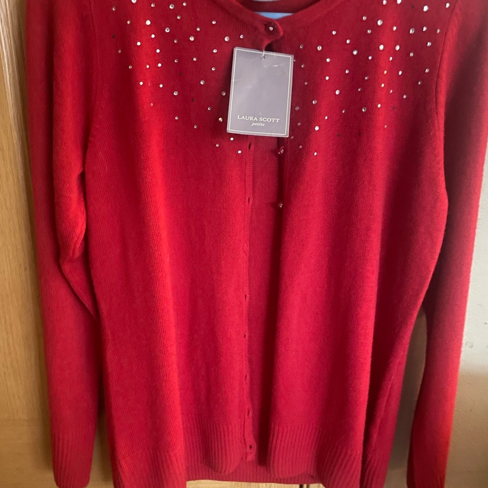 Laura Scott Red Cardigan with Sparkling Embellishments
